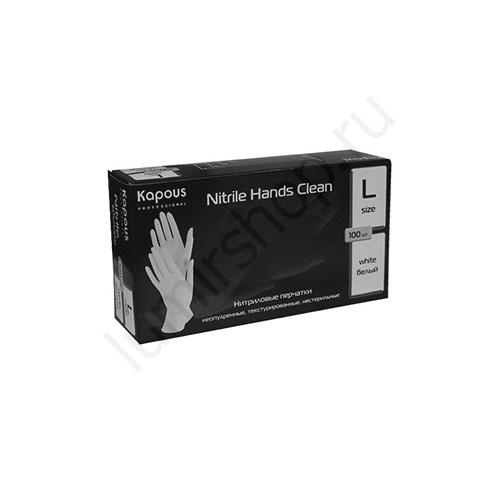 Перчатки нитриловые Kapous Nitrile Hands Clean разм. L (белые) 50 пар/упк Перчатки нитриловые Kapous Nitrile Hands Clean разм. L (белые) 50 пар/упк